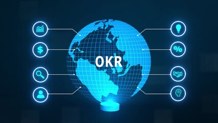 OKR Objectives key results. Business, new business concept ,tee icon attached around the map features the concept of network and technology confirmed the map is rotating ,specify all icons - Powered by Adobe