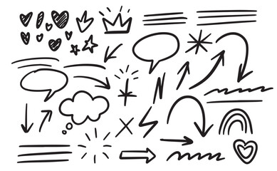 Hand-drawn sketch elements: hearts, arrows, speech bubbles, stars, crown