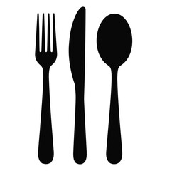 Minimalist black silhouette of fork, knife, and spoon icons – classic cutlery set for dining, restaurant branding, or food-related design
