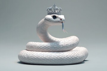 Fototapeta premium Regal White Snake with Silver Crown and Raised Head on Gray Background – Majestic Serpent Symbolizing Power and Elegance