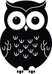 Cute black owl cartoon illustration with big eyes, simple bird design, stylized nocturnal animal, whimsical wildlife drawing, adorable owl character