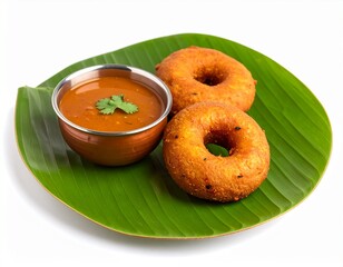 medu vada with sambar in banana leaf plate and fried texture, 