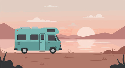 Obraz premium Vacation RV parked on desert lake with sunrise, for travel ads, vacation rentals