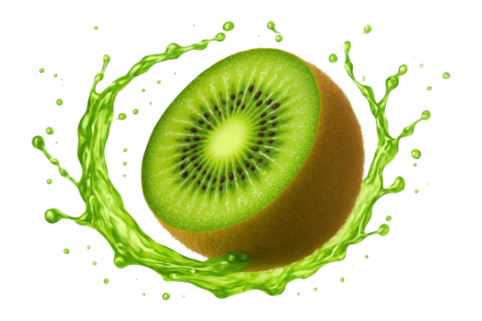 A vivid depiction of a kiwi fruit sliced in half with a splash of green liquid encircling it, set against a white background, illustrating freshness and vitality.