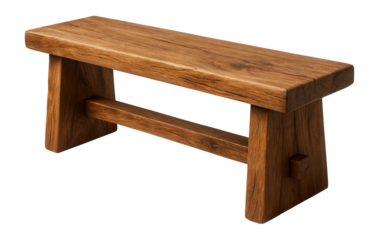 A rustic wooden bench with a rectangular seat and sturdy A-frame legs, showcasing natural wood grain and texture, suitable for home decor or furniture design concepts.