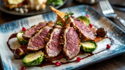 Seared duck breast medallions sliced and arranged on blue ceramic plate with Brussels sprouts, pomegranate seeds and dark wine reduction sauce
