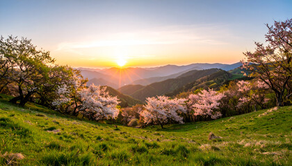 Fototapeta premium Golden Dawn Over a Lush Valley of Flowering Cherry Blossom Trees