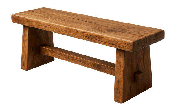A rustic wooden bench with a rectangular seat and sturdy A-frame legs, showcasing natural wood grain and texture, suitable for home decor or furniture design concepts.