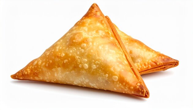 Crispy samosa with golden brown crust, isolated on white background with realistic