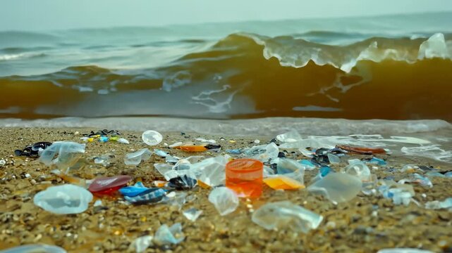 Plastic trash on beach unsightly problem tarnishes natural beauty of coastline also poses risks. Plastic litter on the coastline highlights the environmental crisis, urging collective action for