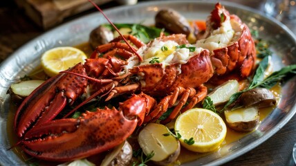Butter poached whole lobster centerpiece on oval platter with seasonal vegetables and lemon slices in golden butter sauce