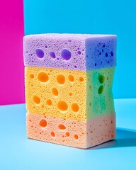 Vertical Colorful Cleaning Sponge on Bold Monotone Background for Home Product Mockup, Minimalist Cleaning Sponge Presentation for Eco-Friendly Product Branding, Packaging Design and household themes.
