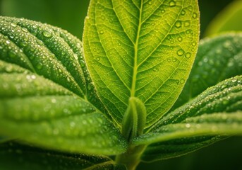 Macro closeup of a vibrant green leaf with water droplets after rain