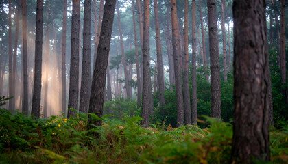 Obraz premium Golden Sun Rays Pierce the Morning Mist in a Serene Pine Woodland.