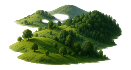 Isolated lush green hills covered in dense trees against a white background, creating a serene and natural landscape focus with a minimalist effect.