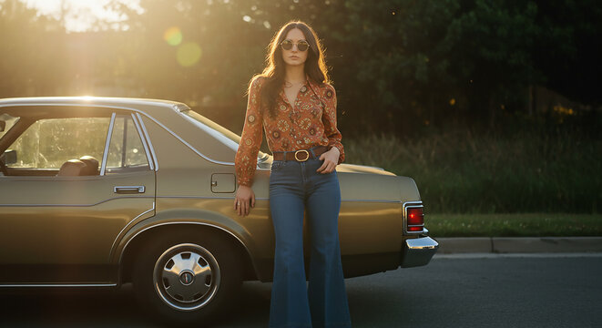 Stylish 1970s Woman in Bell-Bottom Jeans Posing by Vintage Car – 8K Ultra-Realistic Retro Cinematic Portrait