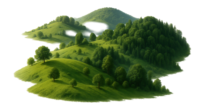 Isolated lush green hills covered in dense trees against a white background, creating a serene and natural landscape focus with a minimalist effect.