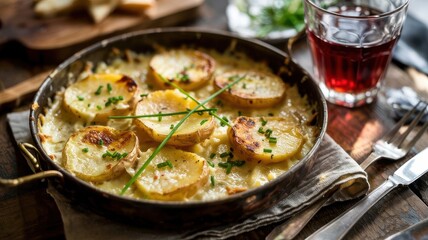 Creamy potato gratin with golden browned surface in cast iron pan garnished with fresh chives alongside red wine glass on rustic wooden table