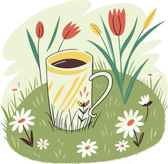 Spring Garden Watercolor Coffee Mug with Bright Floral Blooms, Daisies and Tulips – Cheerful 2D Illustration