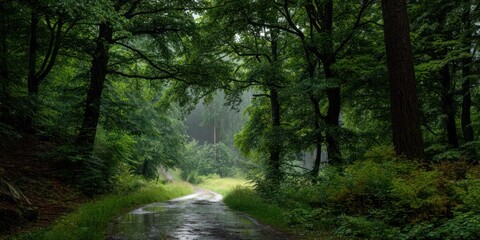 Fototapeta premium Damp, quiet forest at the edge of the countryside in the rain