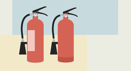 Fire extinguishers stand on a color block background, ready for emergencies