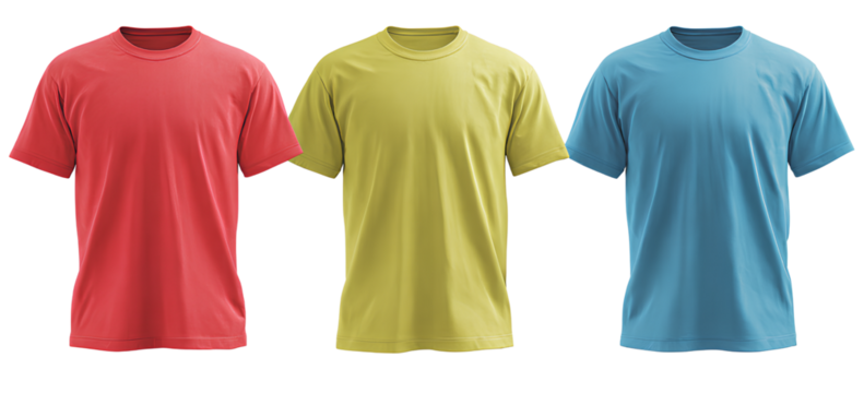 3 T-shirts in different colors, isolated on a transparent background.
