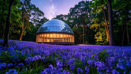 Obraz premium Futuristic Dome Building Amidst Blooming Flowers and Trees