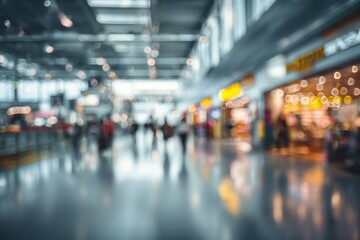 Blurry airport terminal interior with people