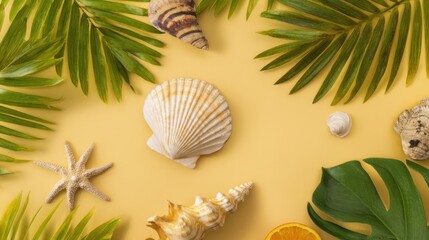 The Stunning Arrangement of Shells and Tropical Foliage on Yellow Background