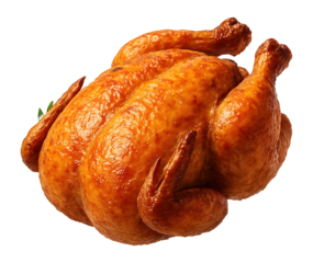 Whole roasted chicken with golden-brown, crispy skin on a white background, showcasing its plump and appetizing appearance suitable for culinary and food concepts.