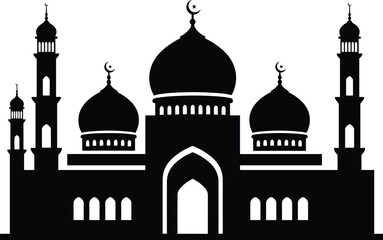 Black and White Mosque Silhouette, Islamic Architecture, Minarets and Domes, Crescent Moon Symbols, Spiritual Landmark, Religious Symbolism