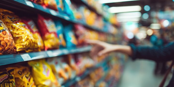 Supermarket snack aisle with colorful bags