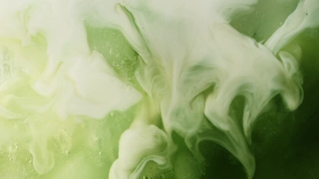 Super Slow Motion Detail Shot of Pouring Cream into Matcha Latte at 1000fps.