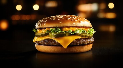 melted cheese, pickles, and lettuce, perfect for food advertising, set against a dark blur background