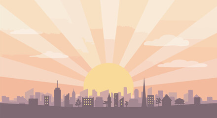 Obraz premium Cityscape silhouette at dawn with sunrise rays. Can be used for presentations