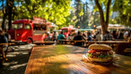 Burger on a table at a food truck festival