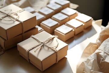 Stack of eco-friendly kraft paper gift boxes of handmade soap tied with twine under natural light
