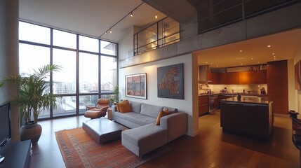 Fototapeta premium Interior design of a modern apartment living room, offering a clean and functional design, Generative AI