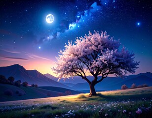 Serene landscape with blossoming tree under a starry sky and full moon
