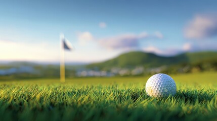 The golf ball resting on green grass near a flag on a sunny day.