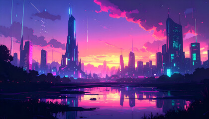 Obraz premium Luminous Future: A Neon Cityscape Reflected Under a Vivid Twilight Sky