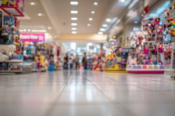 Blurred view of a brightly lit toy store aisle