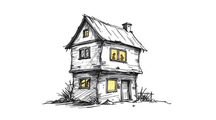 Hand-Drawn Sketch of a Rustic Two-Story House with Windows Glowing at Night