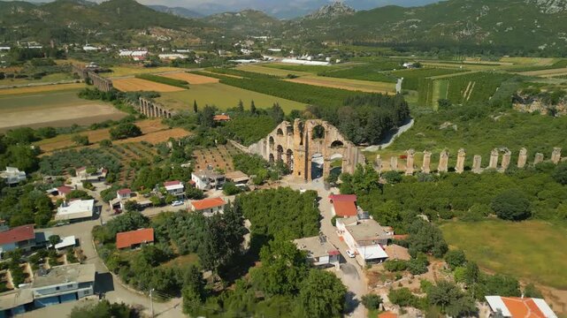 ancient aqueduct in aspendos city turkey - drone view