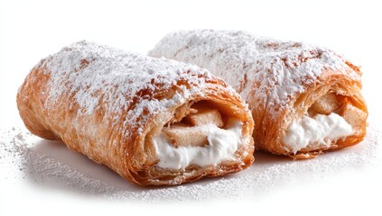 Two sugared pastries, filled with apple and cream
