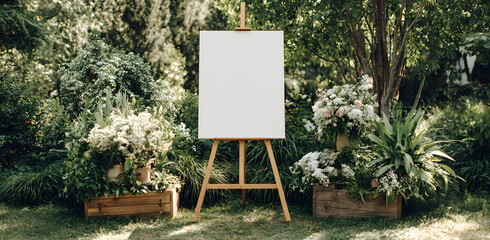 blank white mockup of a white canvas on an easel as a welcome sign at a wedding with many plants flowers view