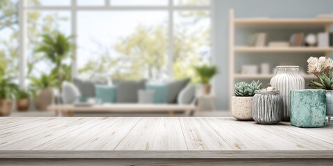 Light wooden table with decorative planters in a blurred living room background