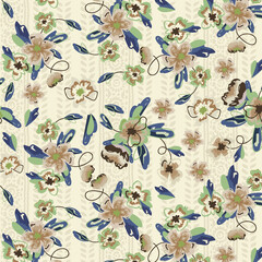 "Seamless watercolor floral pattern with elegant white and blue flowers on navy background, featuring vertical botanical elements &ndash; perfect for fabric, wallpaper, and surface design.