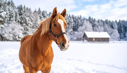 Chestnut horse in snowy winter landscape, facing viewer