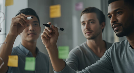 Creative team brainstorming ideas on glass board for innovative project in modern workplace